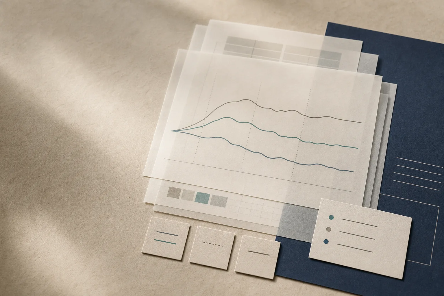 Translucent overlay sheets showing three diverging forecast lines above a scenario legend, an assumptions card with three bullet markers, and a navy planning sheet.