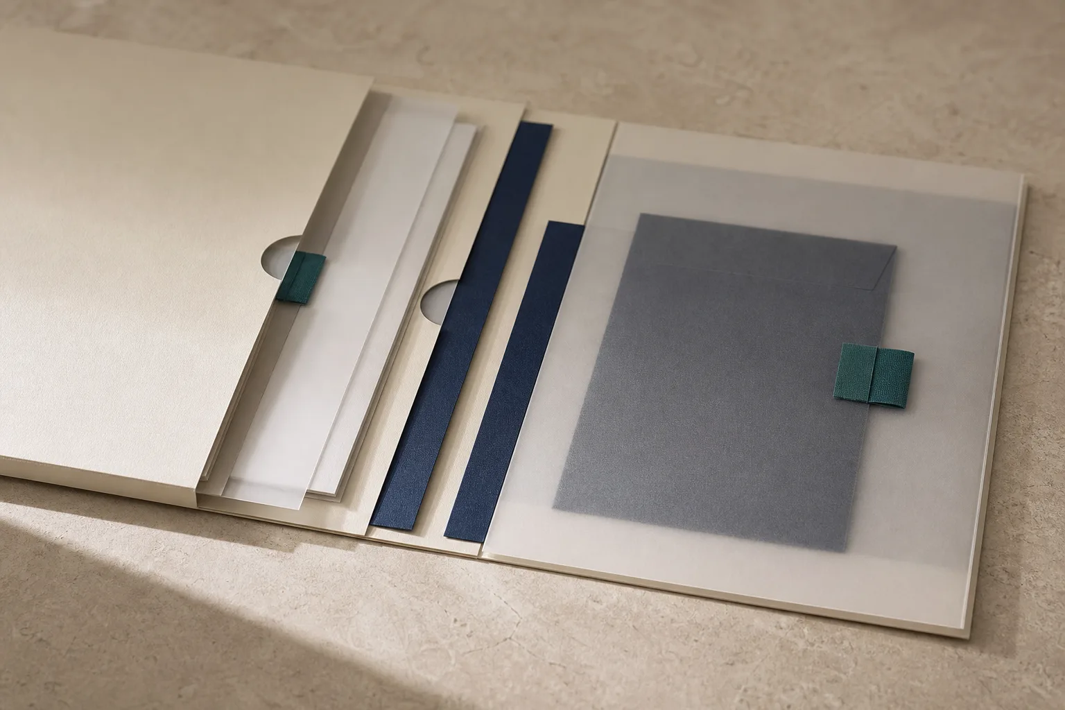 A layered document sleeve system: cream outer folders, navy dividers, and translucent envelopes with teal closure bands holding a grey restricted document.