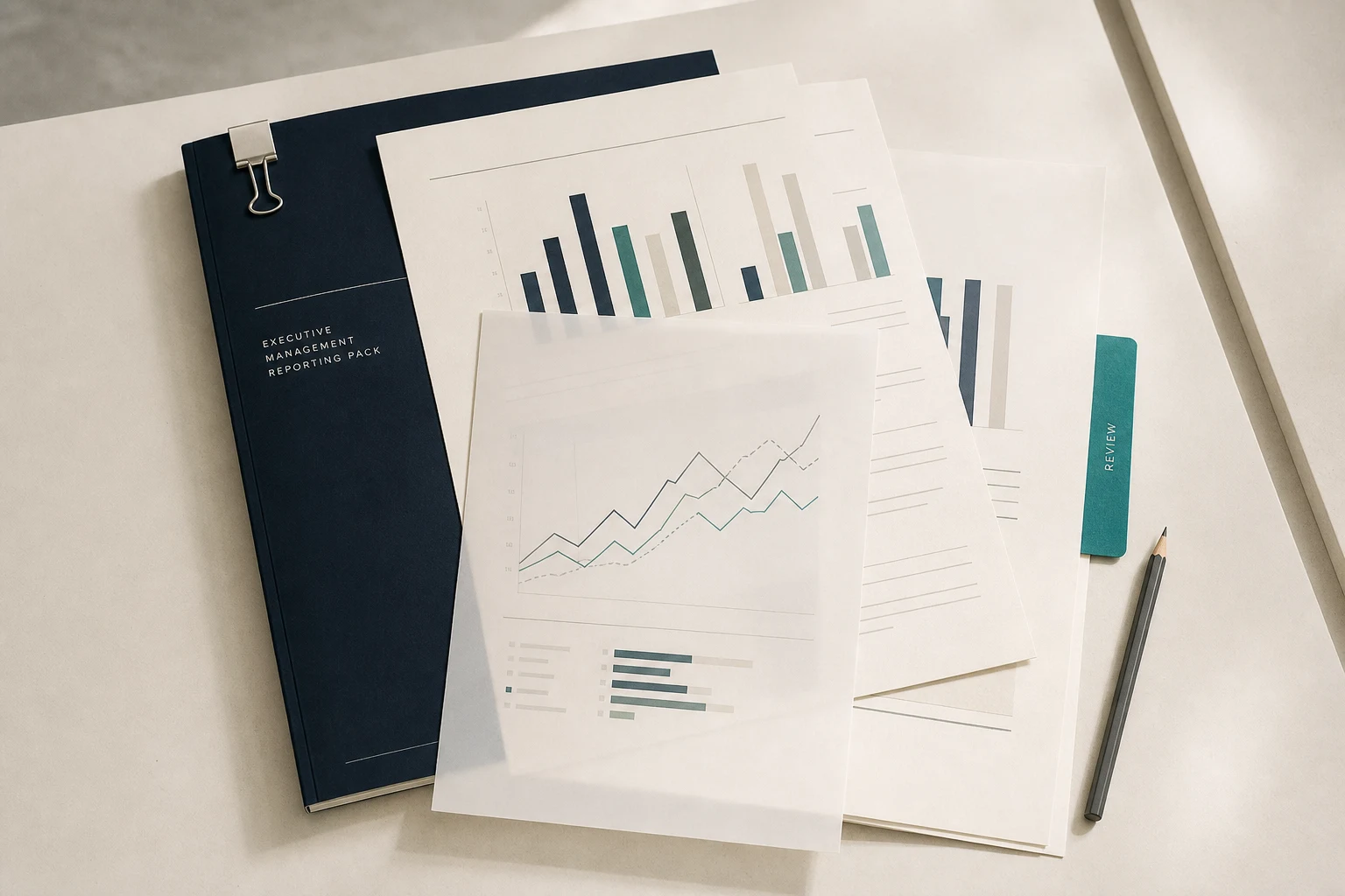 A navy folder titled Executive Management Reporting Pack under a binder clip, fanned out with statement pages of bar and line charts, a teal Review tab, and a pencil.