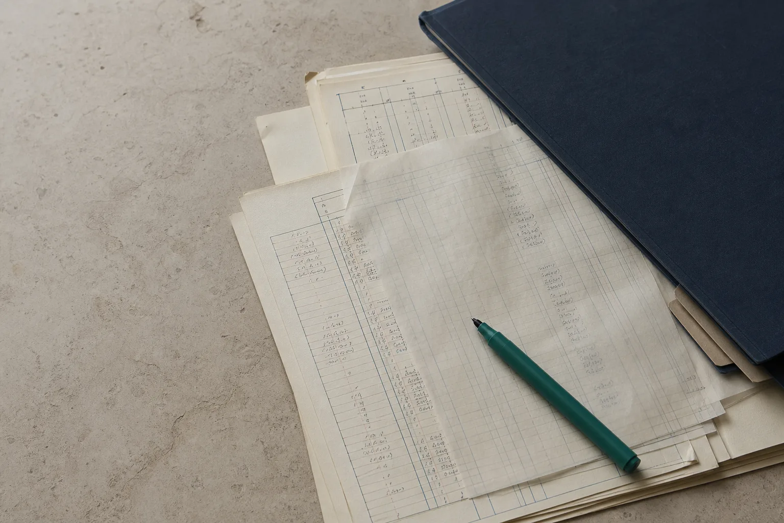 Handwritten reconciliation schedules and source records spread on a stone desk beneath a closed dark-blue ledger binder, with a teal pen resting on the topmost sheet.